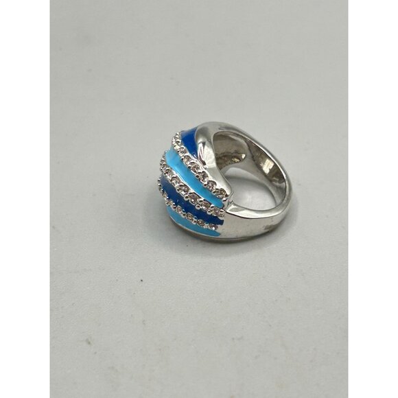 Vintage Blue Enamel Ring Size 4.5 Light & Dark Blue w Rhinestones Oceanic Ring - Picture 3 of 7